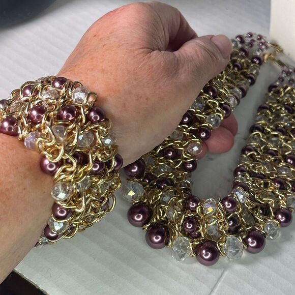 Vintage Skyline Collection Plum & Pearl choker collar statement set. - Picture 7 of 11